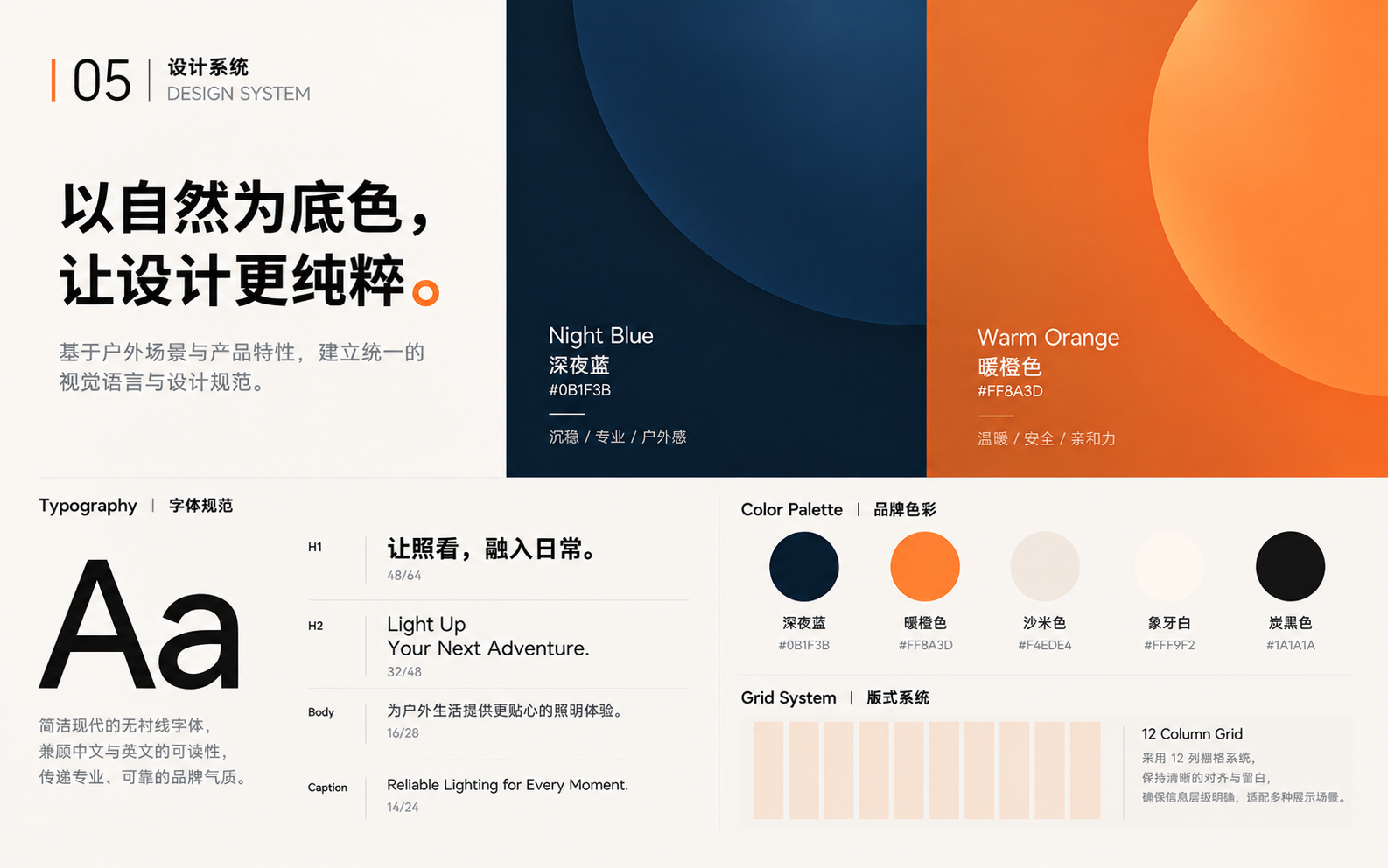 可充电露营灯 · 设计系统,完整品牌案例视觉板