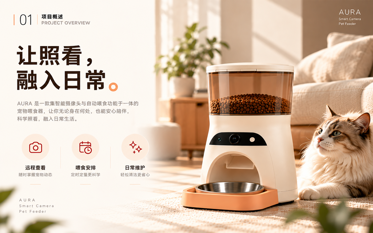 AURA 智能摄像头宠物喂食器 · 项目概述,完整品牌案例视觉板