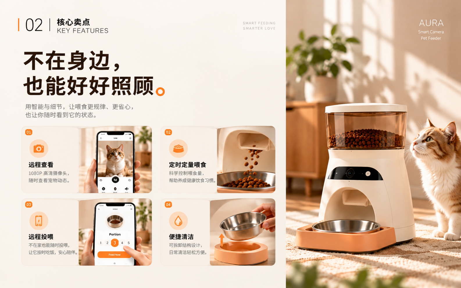AURA 智能摄像头宠物喂食器 · 核心卖点,完整品牌案例视觉板