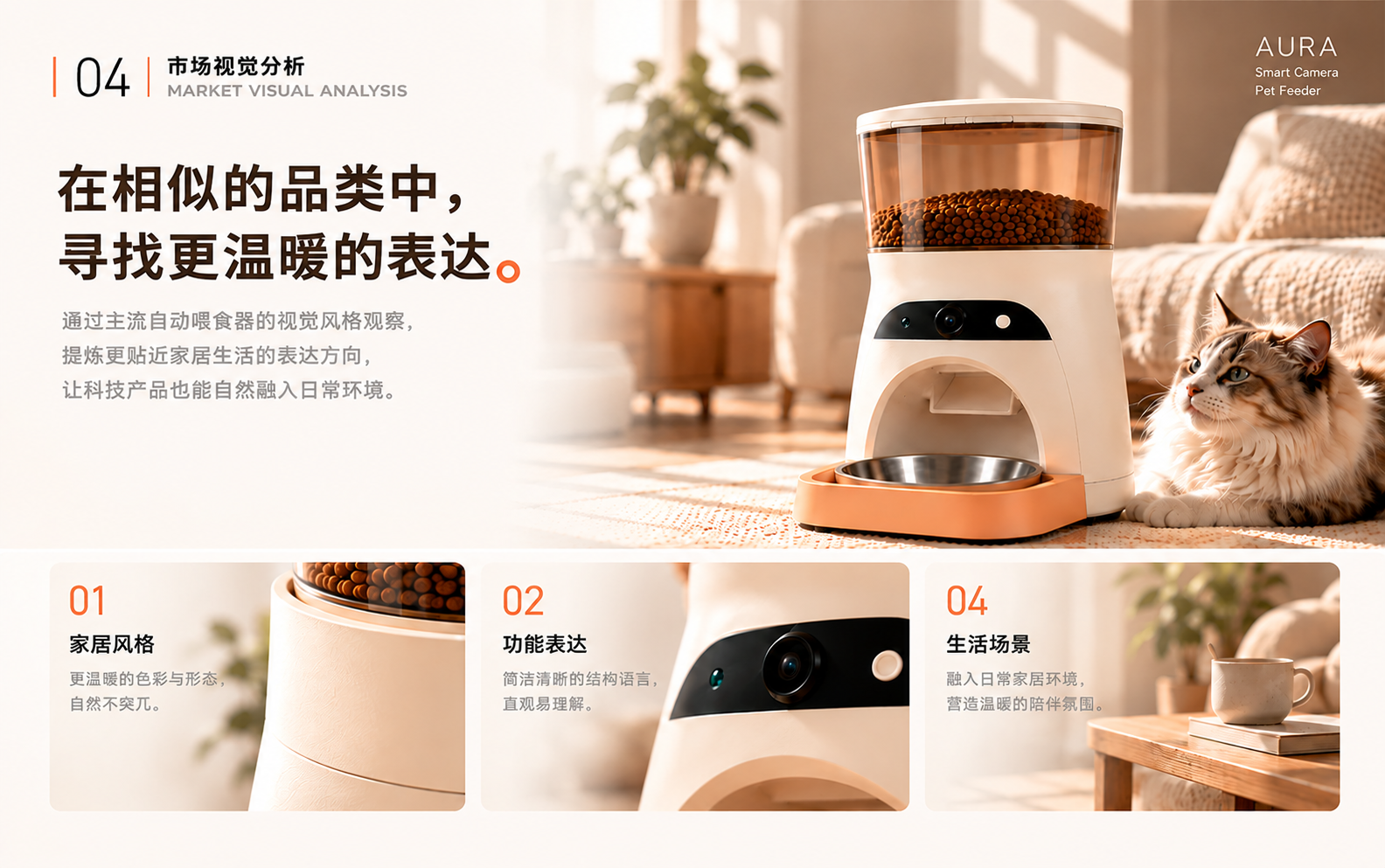 AURA 智能摄像头宠物喂食器 · 市场视觉分析,完整品牌案例视觉板