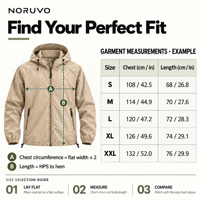 NORUVO 男士轻量连帽夹克 L04:概念尺码指南,完整作品。CONCEPT / NOT VALIDATED — 仅用于作品展示;尺码未经实测,不作为购买选码依据。
